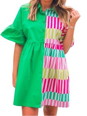 Jess Lea New To Town Dress Green Pink Women's Size Large Tired Ruffle Sleeve